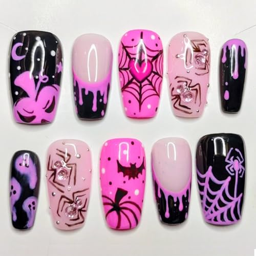 Halloween Press On Nails Set - Heart Spider Web Pumpkin Ghost Designs, Medium Square Pink Fake Nails with Rhinestones - Variation of THIS listing