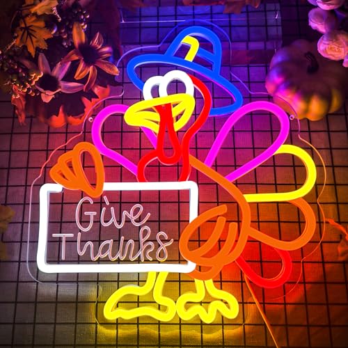Thanksgiving Neon Sign Give Thanks Turkey Dimmable Wall Decor for Holiday Festivities