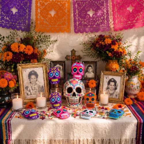 12 Pack Felt Dia De Los Muertos Skull Ornaments for Tree Decoration