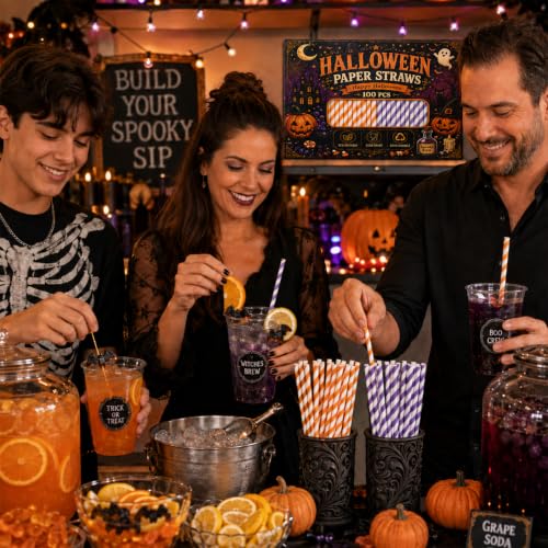 Halloween Paper Straws - Orange & Purple Stripe Party Set - 100 Pieces