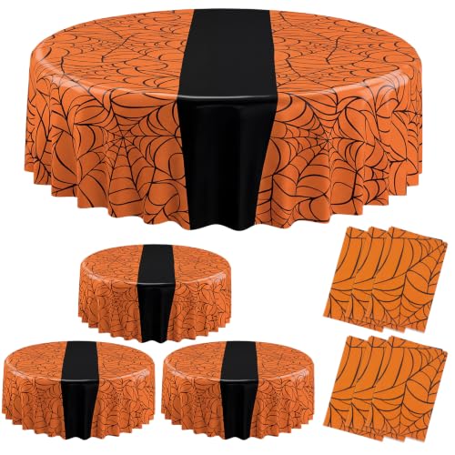 Preboun 6 Pcs Orange & Black Spider Web Round Tablecloth 84" - Halloween Party Decor