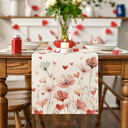 Artoid Mode Floral Hearts Valentine's Table Runner 13x120 Inch Beige