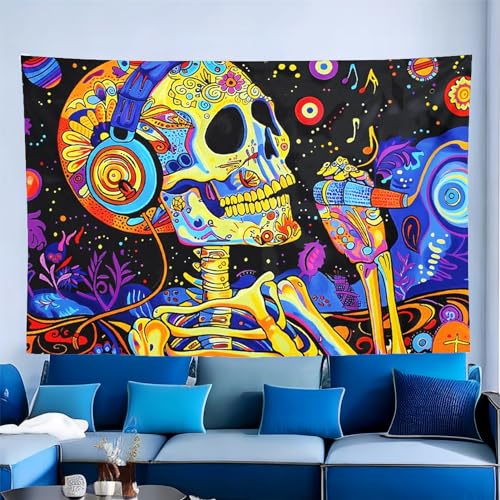 Blacklight Skull Tapestry - Space Skull Music Notes Fluorescent Wall Hanging - 90x60 Inch - Skeleton Variation 11