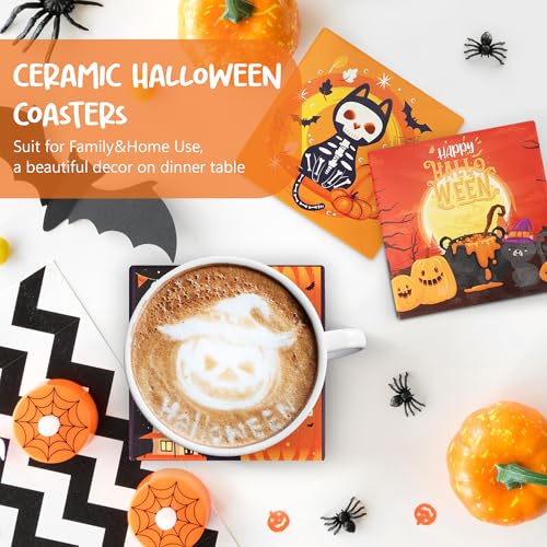 Set of 4 Absorbent Ceramic Drink Coasters with Black Holder and Cork Base - Halloween Decor