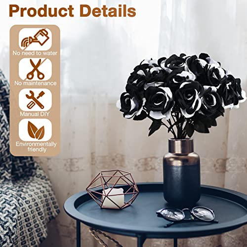 Black and White Faux Silk Rose Flowers with Long Stems - 30 Pack