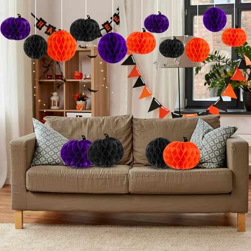 Halloween Honeycomb Hanging Decorations Set - Orange Purple Black, 15 Pieces - Halloween Style