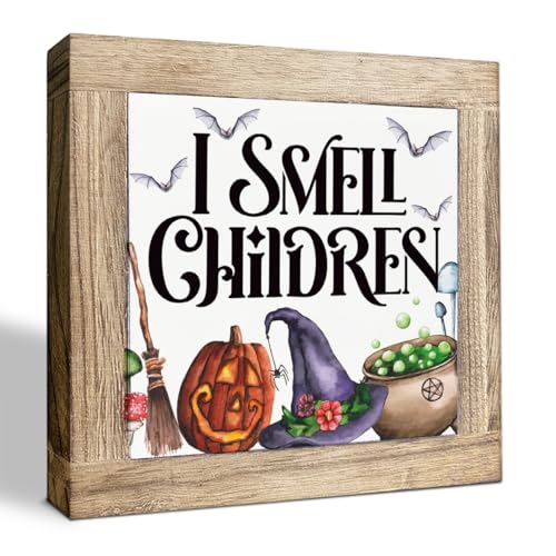 Halloween Decor Signs - I Smell Children Sign - Style 16 - Wooden Box Sign for Halloween Party & Fall Autumn Home Decor - 5.9x5.9x0.7 Inches