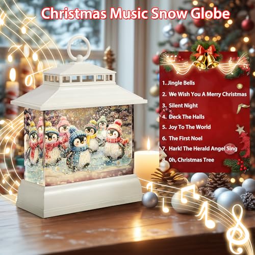 Christmas Snow Globe Lantern with Penguins - Water Glitter & Music, 8 Songs, 6H Timer, Remote & USB Power
