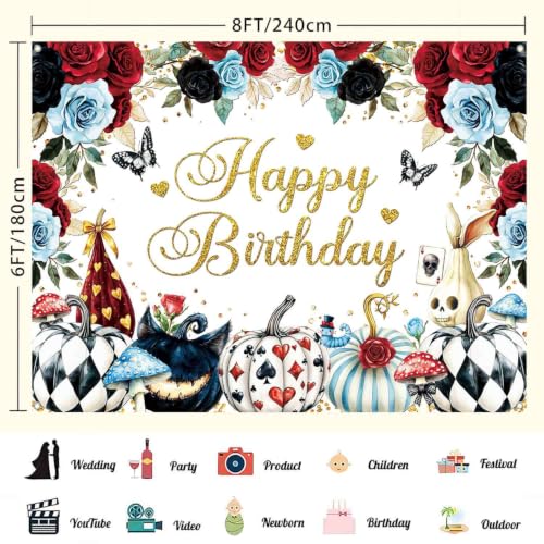 Wonderland Birthday Backdrop 8x6ft Halloween Floral Fairy Theme Photo Background - Variation of Birthday