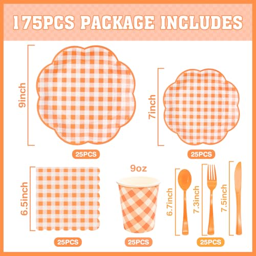 Orange Gingham Party Plates and Napkins Set - Serves 25 - Variation of THIS listing
