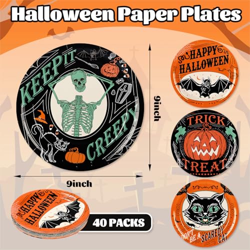 Vintage Halloween Paper Plates 40 Pack - Black Cat Pumpkin Skeleton 9 Inch Party Tableware with Variation: Vintage Halloween
