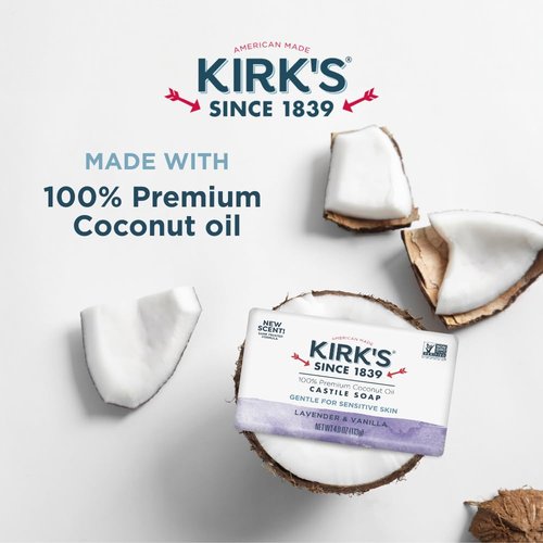 Kirk's Castile Bar Soap for Men, Women & Children - Made with Premium Coconut Oil, Sensitive Skin Formula, Vegan, Non GMO, Lavender & Vanilla, 4 oz. Bars 6 Pack