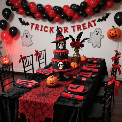 Halloween Pre Rolled Silverware Set - Black and Red Disposable Cutlery - 30 Sets