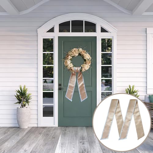 Khaki Satin Wreath Sash Set - 2 Pieces with Plain Trim for Front Door Decor
