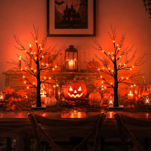 Orange Variation 2-Pack 24-Inch Black Halloween Tree with Orange Lights - Indoor Spooky Decor