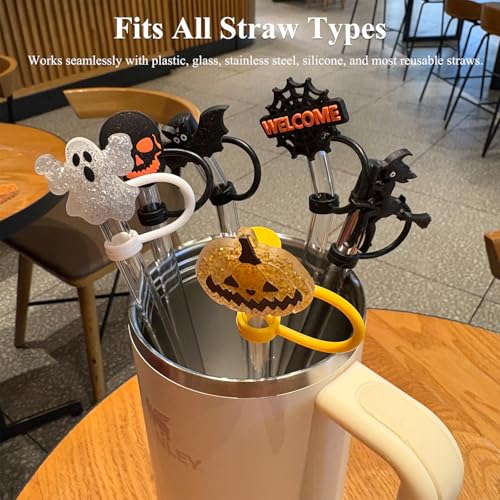 Vintage Halloween Sparkly Straw Toppers - Spooky Cup Accessories, 6 Designs
