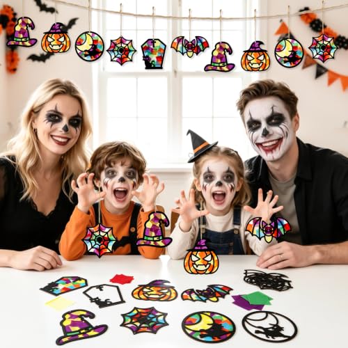 Black Halloween Suncatcher Craft Kit - 24 Wooden Ornaments & Supplies