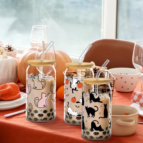 Halloween Glass Cups with Lids & Straws - Black Cat Design, 6 Pack, 16oz, Halloween Cats Variation