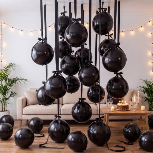 Black 22 Inch Round Metallic Foil Balloons Set - 20 Pieces with Ribbon - Birthday, Wedding, Halloween Decorations