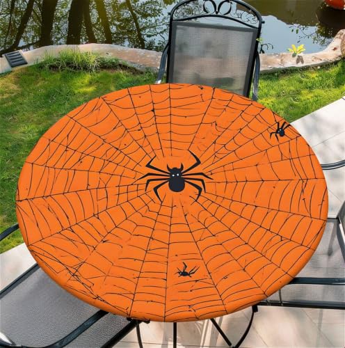 48 Inch Fall Waterproof Round Tablecloth with Elastic Edge - Halloween Fitted Cover, D-halloween Variation
