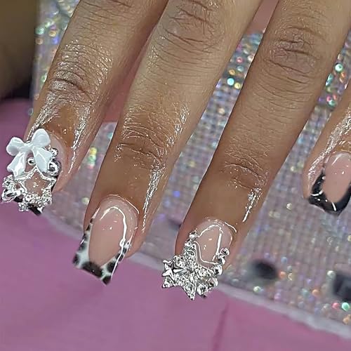 Medium Square Fake Nails with Silver Bead & 3D Star Charms - Glossy Reusable Press-On Nails for Women