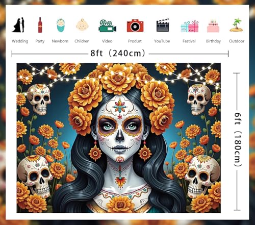 Dia De Los Muertos Backdrop 8x6FT Mexican Fiesta Sugar Skull & Marigold Party Banner