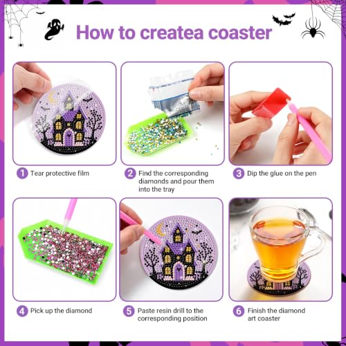 Halloween Diamond Art Coasters Set - Ghost Pumpkin Moon Black Cat Spider Web with Holder - Halloween-3