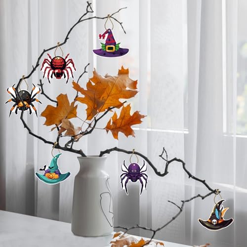 Halloween Hanging Ornaments Set - Witch Hat & Spider Decorations, Double-Sided Indoor Outdoor Decor