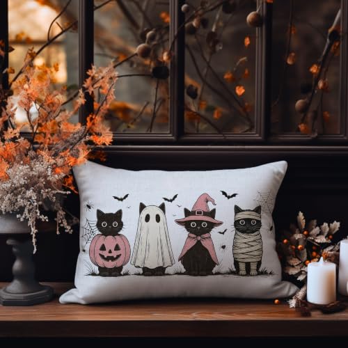 Halloween Pillow Cover 12x20 Black Cats Bats Autumn Decor - Pink & Black Variation