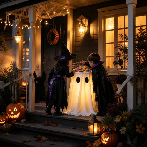30-Inch Glowing Ghost Candy Bowl Stand Halloween Outdoor Decorations - LED Ghost with Remote