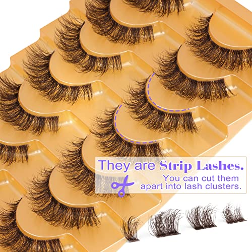 Brown Cat Eye False Eyelashes Wispy Fluffy Faux Mink Natural Look with Clear Band - Variation of Brown & Fluffy