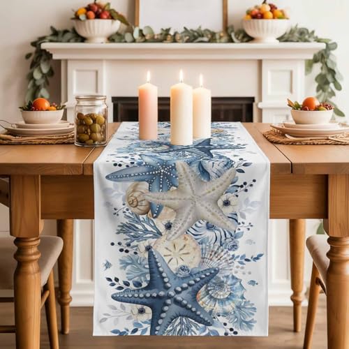 White Coastal Table Runner 13x70 Inches Summer Starfish Nautical Decor