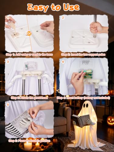 Standing Reading Ghost Halloween Decoration with Lights - 80cm Whimsical Ghost with Book & 8 Lighting Modes - Battery Operated, Weighted Base, Remote Control
