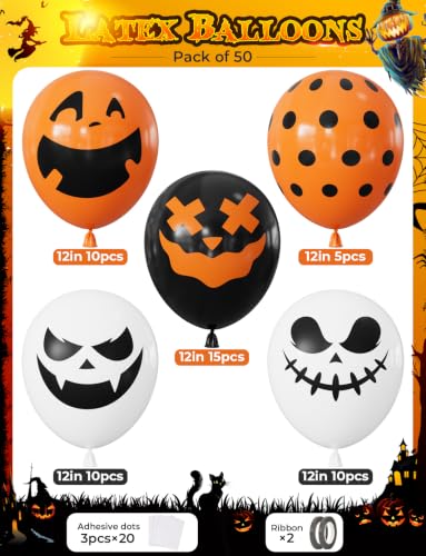 Halloween Black Balloons Set - 50 Latex Orange White Spooky Decor
