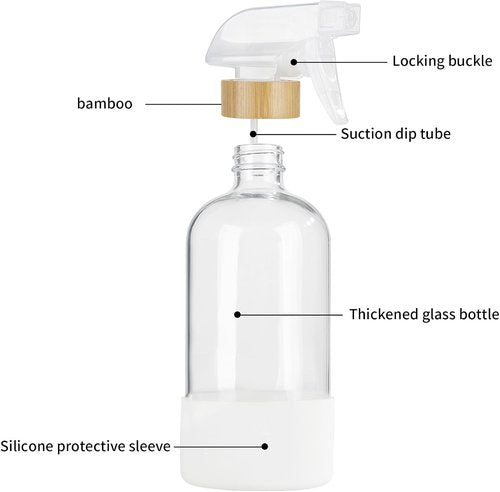 HOMBYS Bamboo Glass Spray Bottles - 17 oz Refillable Clear Containers with Silicone Sleeve Protection | Ideal for Cleaning, Essential Oils, and Misting Plants