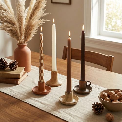 Fall Taper Candles Set - Brown Checkered 10 Inch Rustic Decor