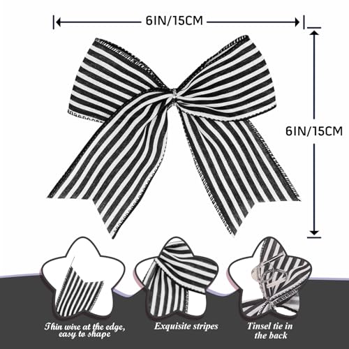 Black White Stripe Bow Decorations - 12 Pack Halloween & Holiday Ornaments for Christmas Tree Wreath Wall Home Decor