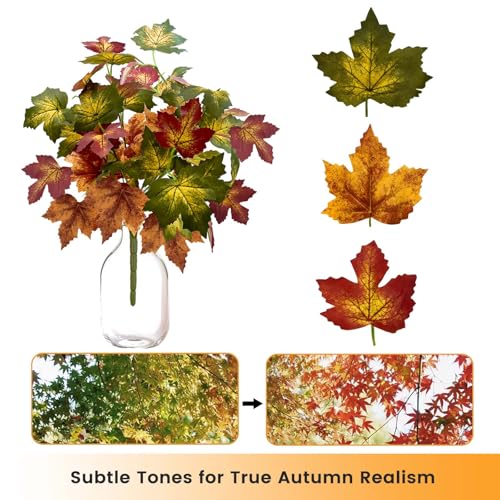 Artificial Maple Leaves Branches - Fall Decor for Thanksgiving & Halloween, 17.7in, Green-Yellow-Red