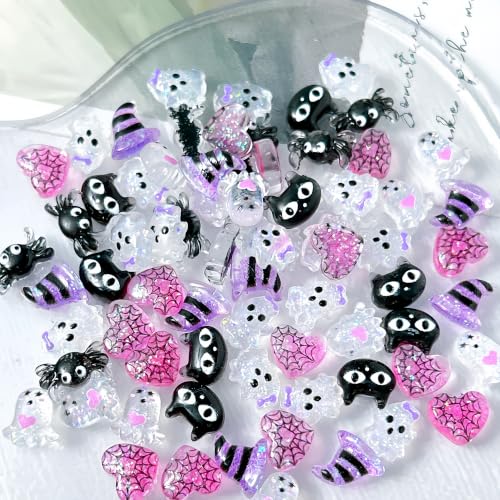 Halloween Nail Charms Set - Purple Ghost Spider Web Rhinestones & 3D Nail Gems - Variation 12