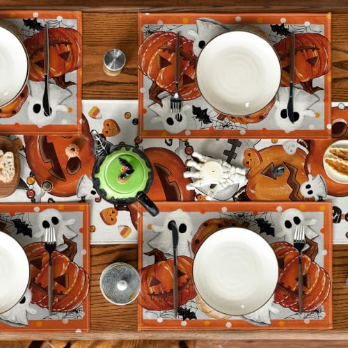 Jack O Lantern Halloween Placemats Set of 4 - 12 x 18 Inch Orange Rectangular