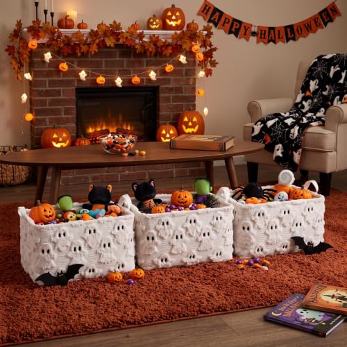 Halloween Ghost Storage Baskets Set of 3 - Small Faux Fur Plush Laundry Bins with Handles