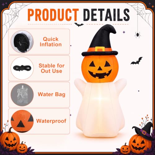 Pinkunn 5Ft Halloween Inflatable Pumpkin Ghost Decoration - Outdoor Scene, LED Light, Easy Setup, Variation: Pumpkin Ghost / 5ft
