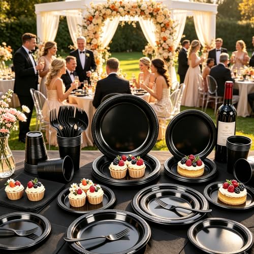 Black Disposable Plates for 30 Guests Party Supplies Set - Black