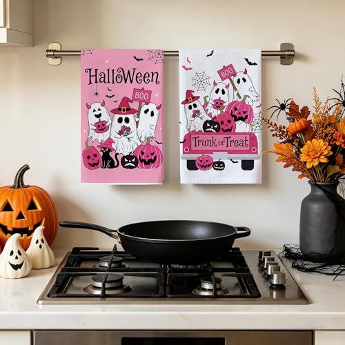 Pink Halloween Kitchen Towels - Ghost Hand Towels, Spooky Decor, Hexagram