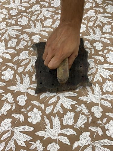 Ridhi Hand Block Print Cotton Round Tablecloth - Oak Brown, 60 Inch