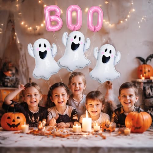 Halloween Party Balloons Set - Reusable Pink Ghost & 'BOO' Foil Decorations