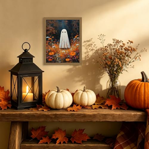 Ghost Flowers Fall Wall Art Canvas - Framed Autumn Forest Halloween Decor 8x10 Inch