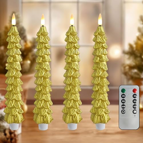 Gold Flameless Candles with Remote & Timer - 3D Flame Wicks, Real Wax, 9.8 Inch, Pack of 4