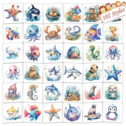 Kids Ocean Animals Temporary Tattoos Set - Waterproof & Non-Allergic 102 Styles