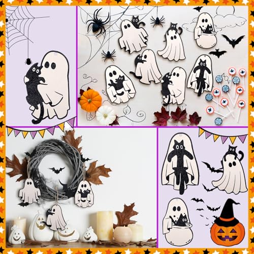 Halloween Ghost Cat Wooden Hanging Ornaments - 24 Pack, Spooky Home Decor